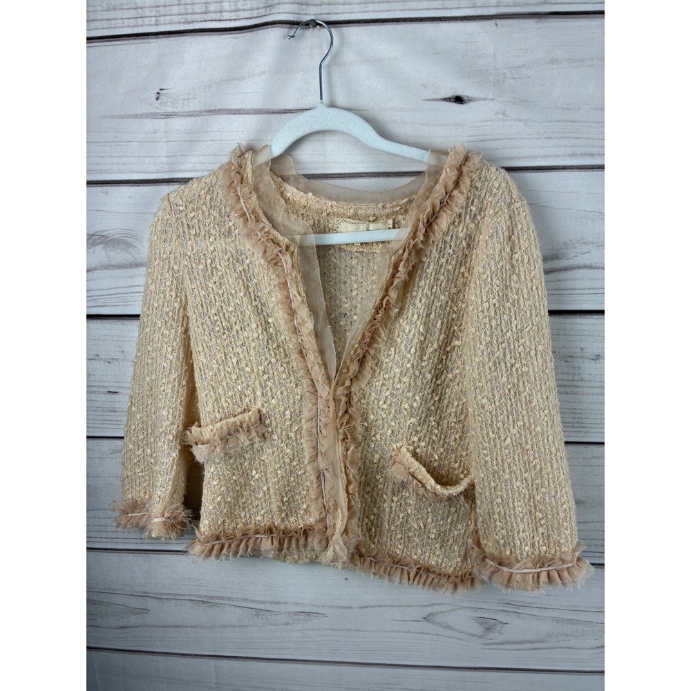 90's Boho A'reve Peach Cream Lace Ruffle TrimOpen Front Cardigan Jacket Medium